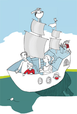 tandem-Illustration Kita auf einem Segelschiff fahren Kinder und Erwachsene